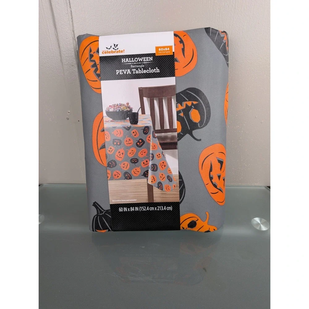 Way to Celebrate Halloween Pumpkin PEVA Tablecloth 60x84 Rectangle Gray Orange